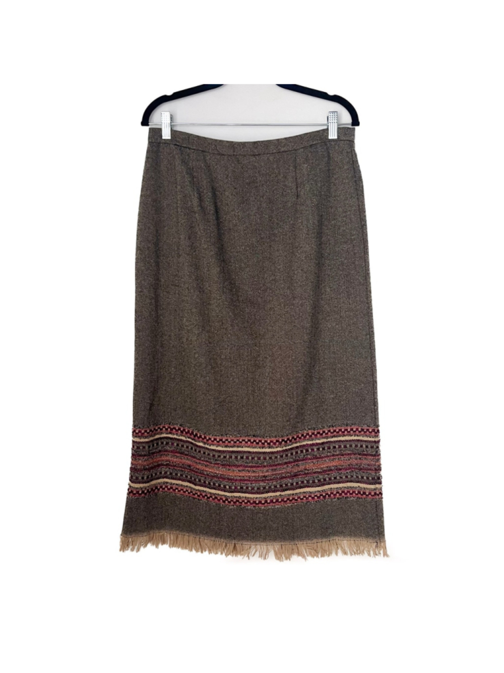 VTG Midi Skirt 12P Wool Aztec Embroidered Fringe Tweed Boho Cabincore Western